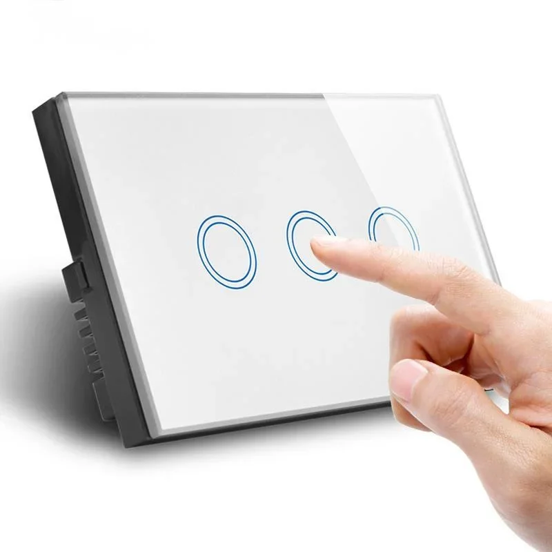 AU/US standard Wall Touch Screen Control Switch, 3-gang 1way, AC 110~240V, White Crystal Glass Panel 600W/Gang Hi-US03W