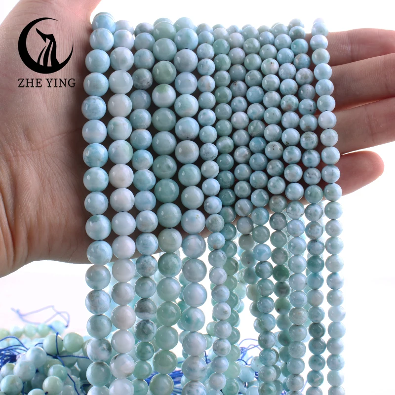 Zhe Ying 100% Genuine Dominican Larimar Gemstone Beads Loose Smooth Healing Power Stone Beads for Jewelry Making Strand 15''