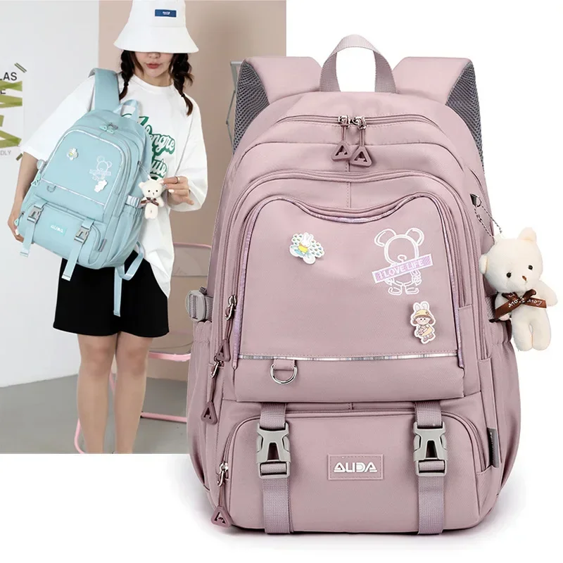 Kids School Backpack with Waterproof Bear Pendant School Backpacks Girls Kids Schoolbag Primary Middle Travel Student Book Bag