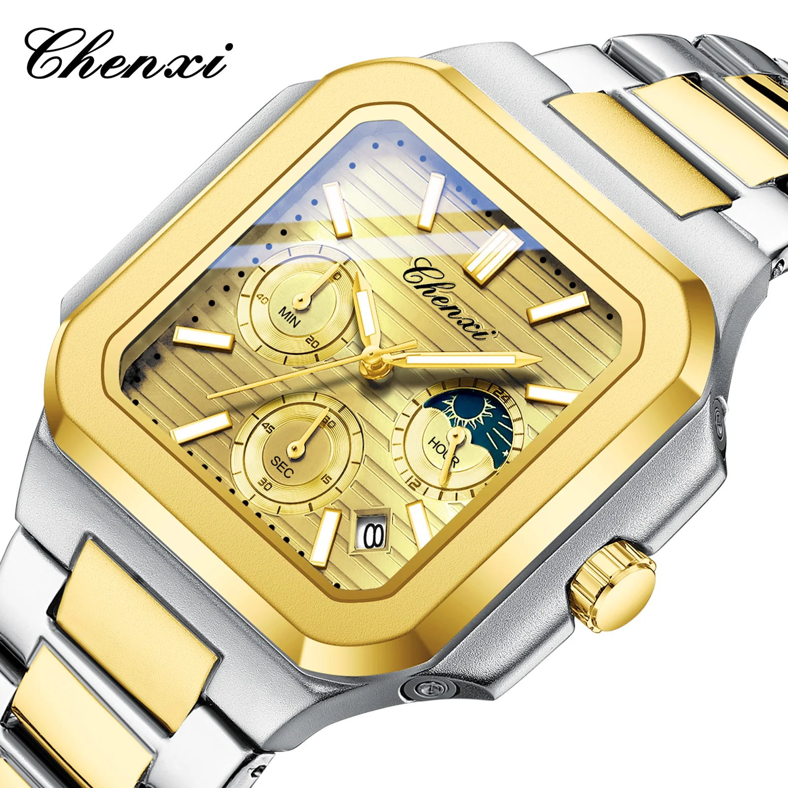 

Высококачественные роскошные часы для мужчин, модный оригинальный хронограф, дисплей даты, кварцевые часы со стрелками, золотые, белые, из нержавеющей стали