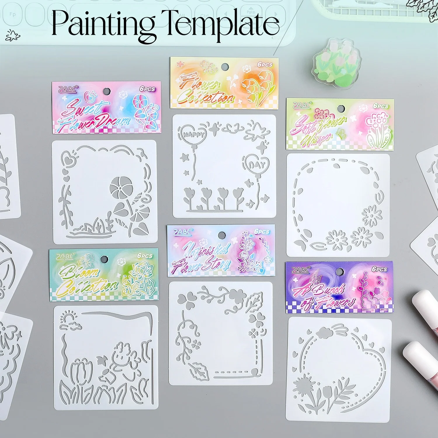 6pcs Begonia Rain Hollow Stencil Drawing Handmade Poster Template Card PET Painting Template for DIY