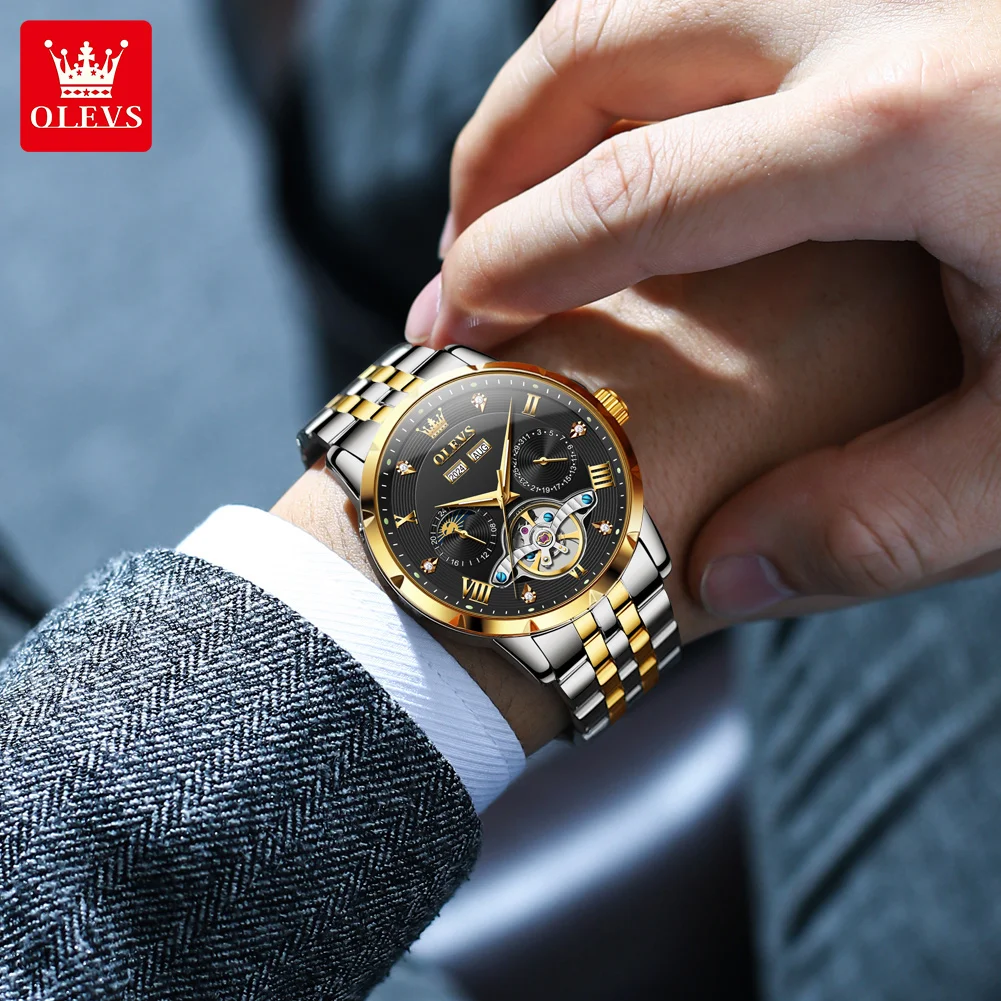OLEVS 6691 Orologio da uomo Originale Luxury Business Volano Orologio meccanico automatico Acciaio inossidabile Data Anno Mese Manes Regali