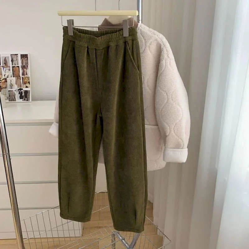 Pantalon droit en velours côtelé pour femme, pantalon lanterne en peluche, style coréen décontracté, taille élastique, pantalon bouffant, Harajuku, At, FJJ