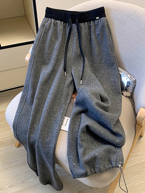 

Женские утепленные спортивные брюки с тяжелой отделкой стразами, на флисовой подкладке, с эластичным поясом на шнурке, осенне-зимние, в корейском стиле
