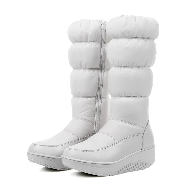 

New Women's High-Tube down Boots Side Zip Thickened Fur Snow Boots Casual Slope Heel Autumn Winter Fashion Plain Color Shoes