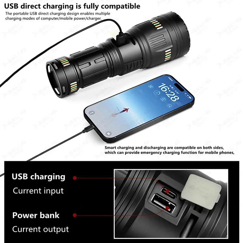 Powerful Long Range LED Flashlight Super Bright Zoomable Tactical Torch Type-C Rechargeable WIth Power Display Emergency Torch