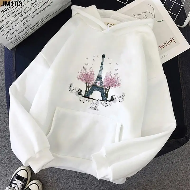 Casual Long Sleeve Womens Hoodie Pullover Harajuku Female Clothing Fall/Winter Fashion Paris Eiffel Tower Print Woman Sweatshirt