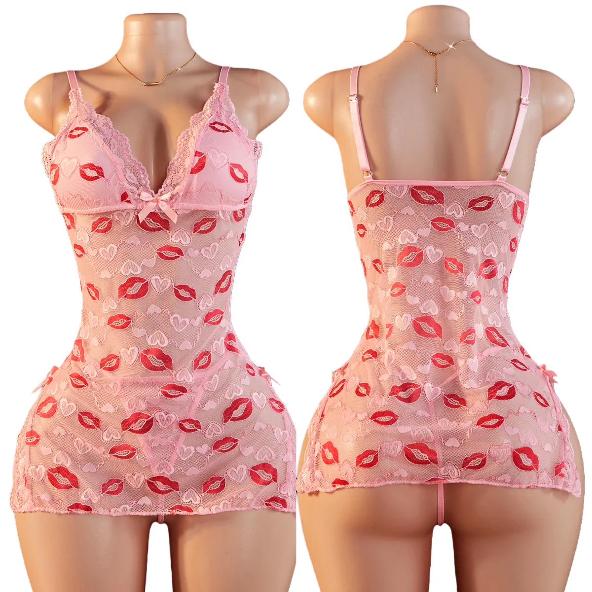 

Sexy Deep V Transparent Lace Pink Ladies' Nightgown Women Erotic Costumes Romantic Temptation Dress Hot Babydoll Underwear 2025