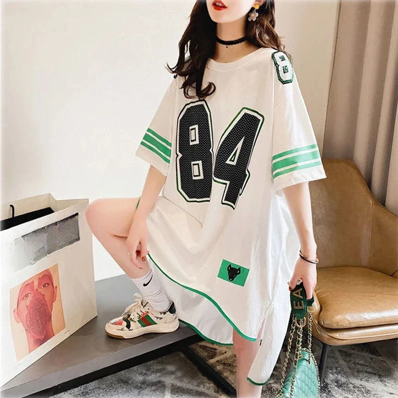 DAYIFUN-Women's Irregular Sequin Embroidery Graphic Tee Dress Short Sleeve Loose Casual Oversize Tops Basketball T-shirts Summer