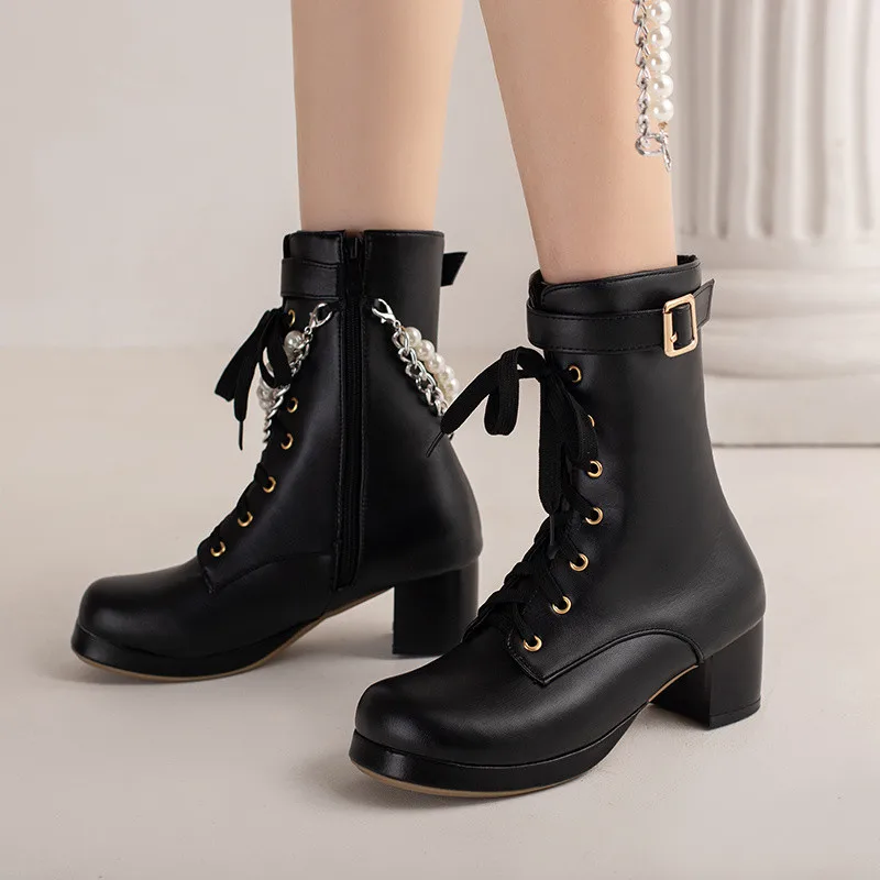 YQBTDL 2022 autunno inverno Lolita Style décolleté da donna Sweet Lace-up Chain String Bead Block tacchi alti Party nuove scarpe donna