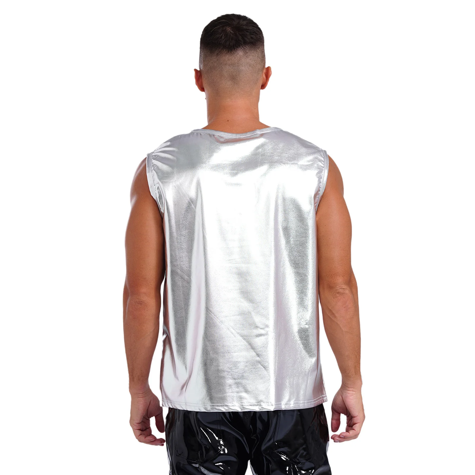 Men Shiny Metallic Tank Top 70s Disco Dance Party Clubwear Sleeveless Vest Shirt Nightclub Singlet Top Fancy Dress Costume