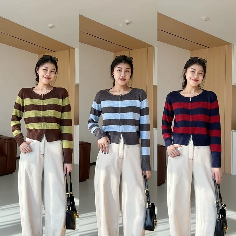 

Повседневный кардиган на молнии с длинными рукавами и круглым вырезом, в полоску, с цветовыми блоками, свитер Zhang a Xing, удобный, свободного кроя, вязаный.