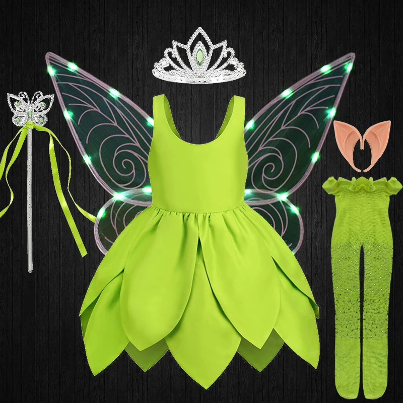 Zomer Fancy Girl Groene Elf Tinker Bell Backless Jurk Kerstmis Halloween Kids Cosplay Verjaardagsfeestje Fee Prinses Kostuums