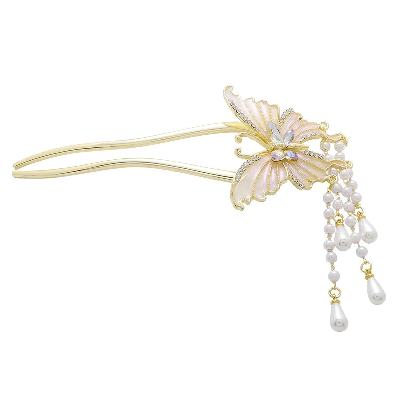 Damska spinka do włosów w kształcie litery U z perłowym frędzlem w kształcie motyla. Prezent urodzinowy. Akcesoria do włosów