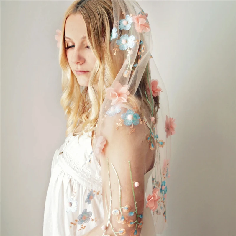 

Розовая, синяя 3D цветы, цветочная вышитая свадебная фата с расческой, тюлевые аксессуары для невесты, собор, длинный секретный сад