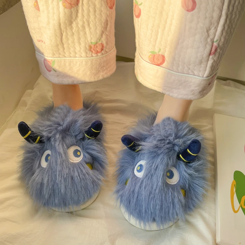 Women 2022 Autumn and Winter New Fashion Cartoon Monster Plush Wear Non Slip Comfortable Cotton Slippers Outside Home