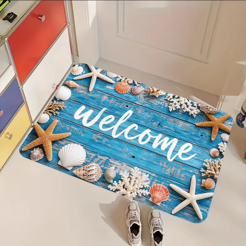 Rectangle Coastal Seashell Starfish Welcome Doormat Non Slip Entry Mat Indoor Front Door Beach Style Decor Floor Rug