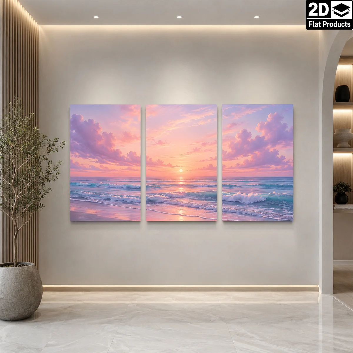 Frameless 2D Flat 3PCS - A Three-panel Wall Art Showing A Sunset Over The Ocean With Pink Clouds And Waves. Themed Canvas Wal