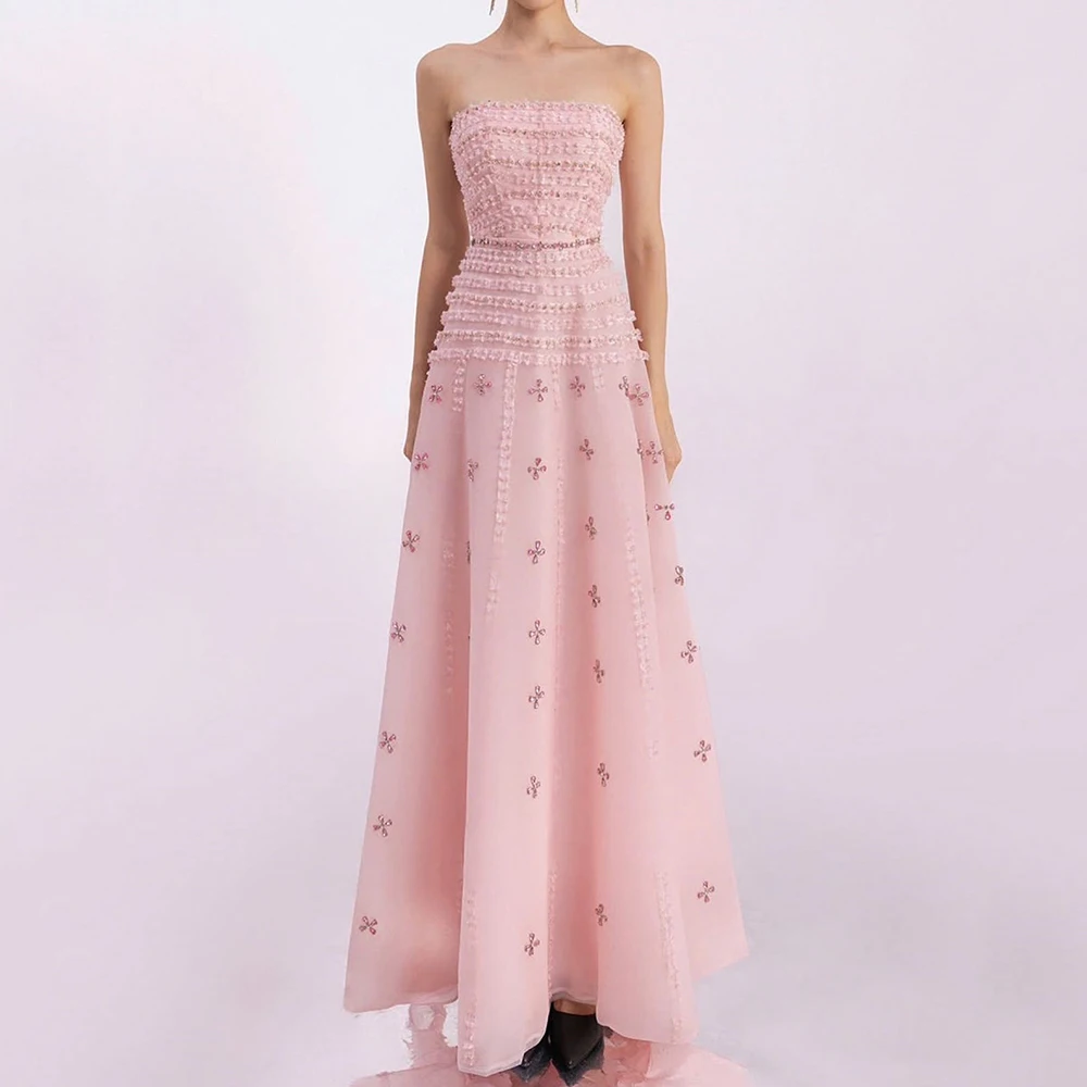 

Customized Strapless Simple Crystal Chiffon Women's Evening Dress Backless Draped Party Dress A-line Ankle Length Prom Gown