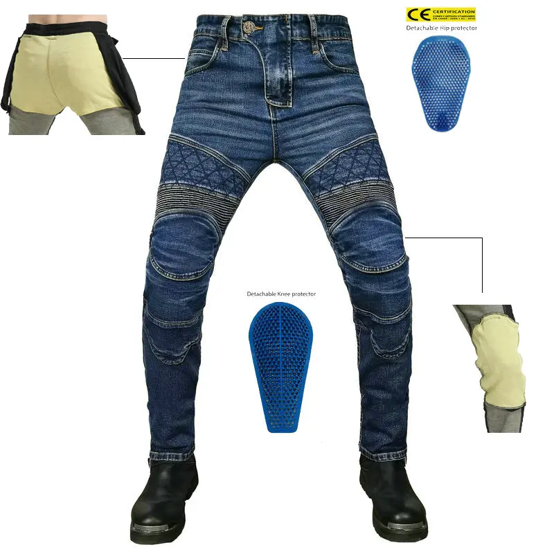 

Motorcycle Riding Jeans Pants With Protective Gear Built-in Wear-resistant Fireproof Kevlar Protective Layer On Hips And Knees