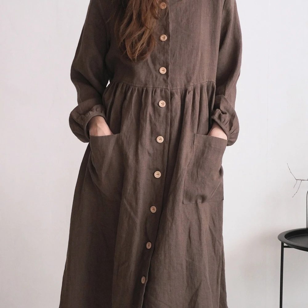 Vestido de maternidad de lino, corte holgado, con botones delanteros, marrón, Maxi, informal, de algodón, transpirable, ropa de maternidad, uso diario