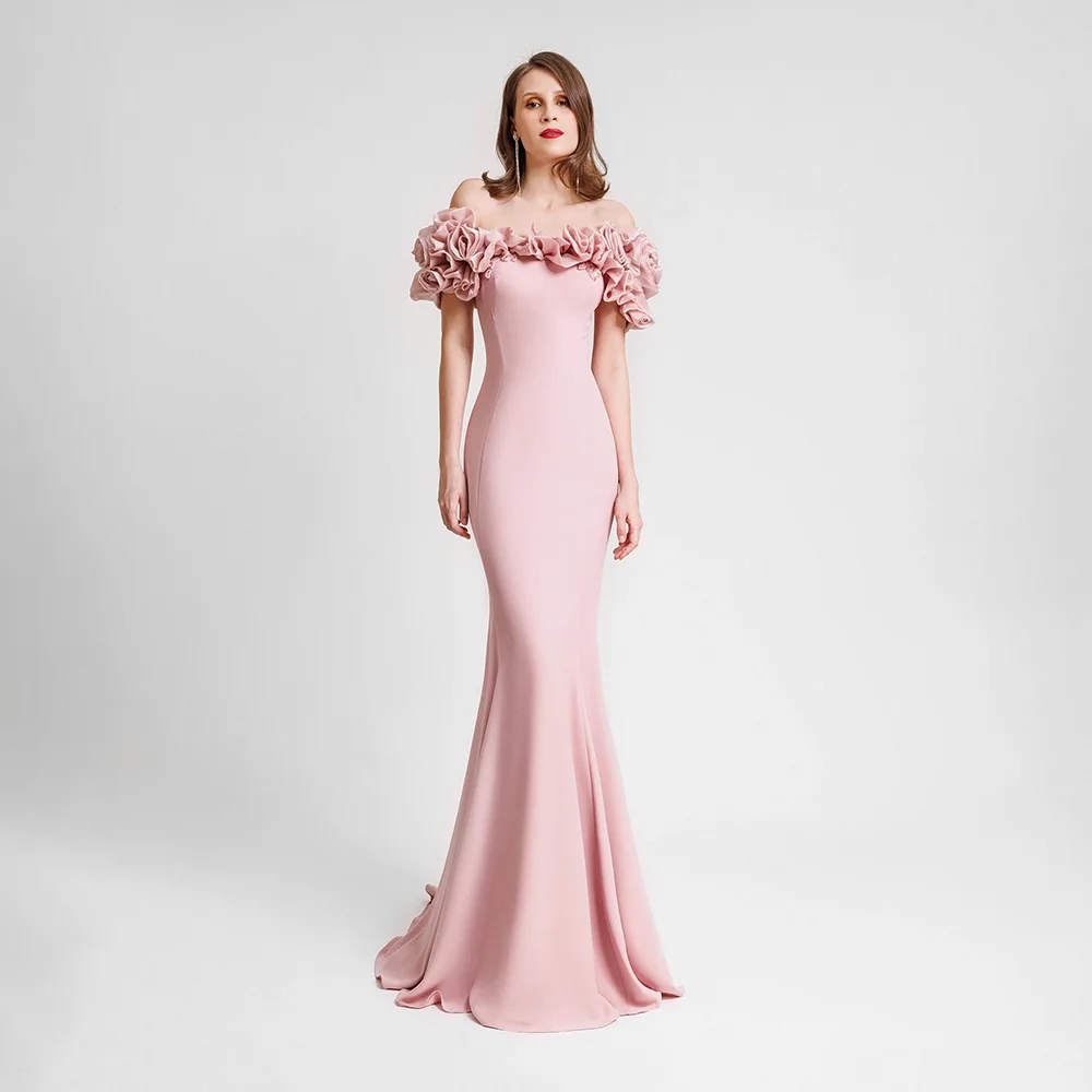 

Розовое вечернее платье по индивидуальному заказу с открытыми плечами и рюшами с цветочным принтом Русалка Джерси Вечерние платья длиной до пола, вечерние платья 2025