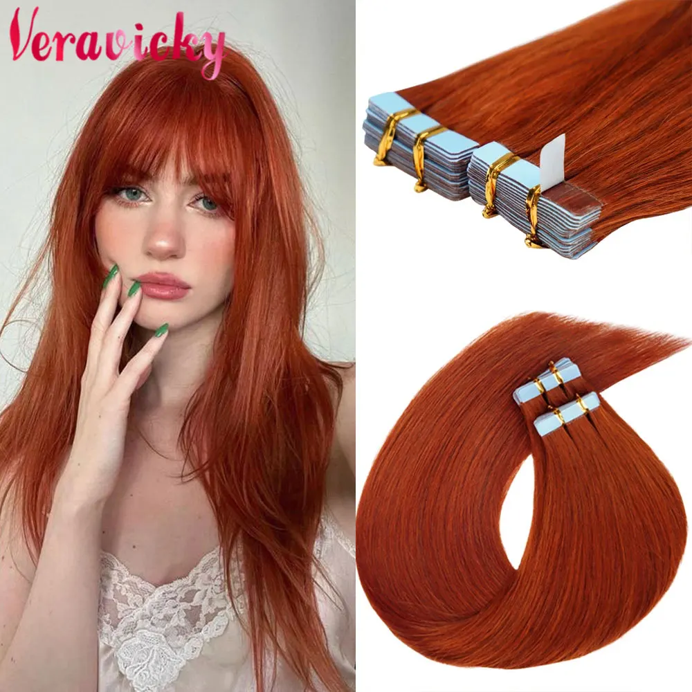 

Veravicky #350 Tape in Hair Extensions Remy Human Hair Permanent Pre-taped Invisible Weft Color Straight Copper Red 20pcs/50G