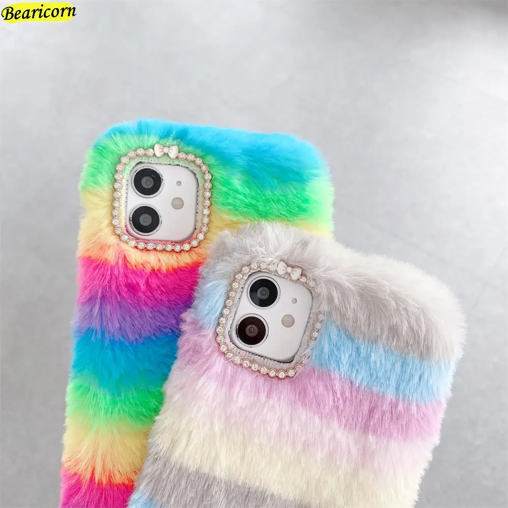 Soft Plush Phone Case For Xiaomi Redmi Note 4 4X 5 5A 6 7 8 9 10 Pro Max 8T 9S 9T 10S 10T Rainbow Furry Warm Fur Hairy Cover