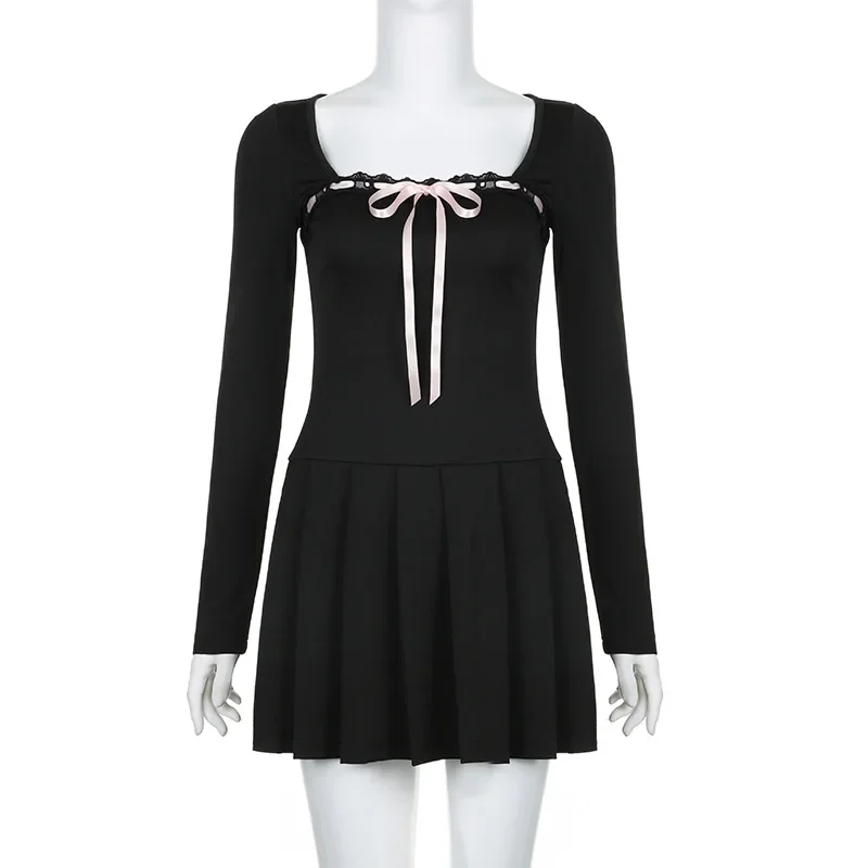 Square Collar Elegant A-line Dresses Long Sleeves Lace-up Cute Pullovers Sexy Korean Y2K Party Chic Mini Dresses