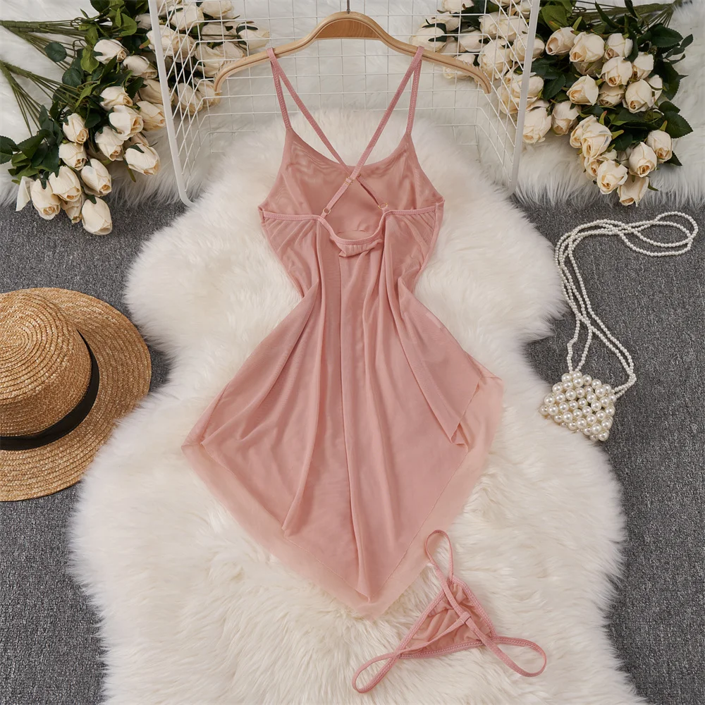 Tendencia transparente de malla cruzada vestido de tirantes Sexy dulce ajustado sólido sin espalda camisón de mujer dobladillo Irregular camisón ropa de dormir