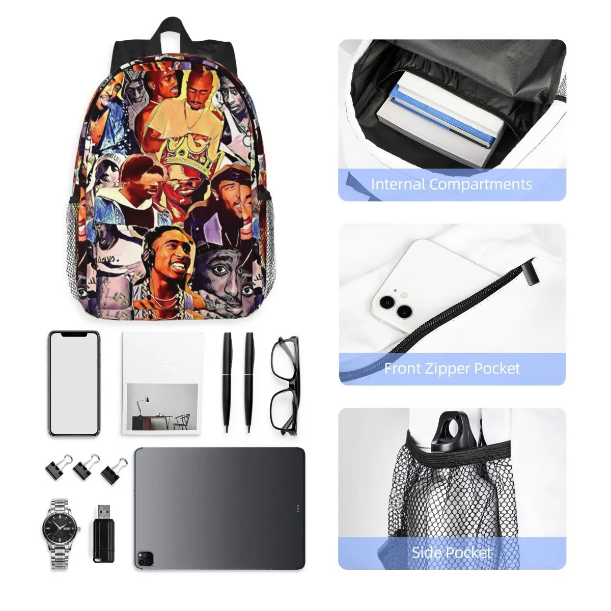 Tupac Old School Rap Vibe 2pac Backpack Student Boys Girls BookBag Men Women School Bag Laptop Shoulder Bags