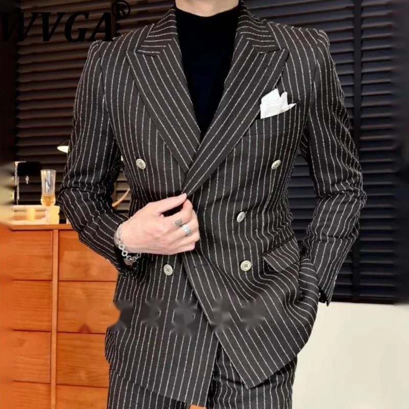 WVGA Spring Autumn New Man Double-breasted Striped Trendy Blazer Niche Casual Straight Business Suit Pants Two-pieces Set W22000