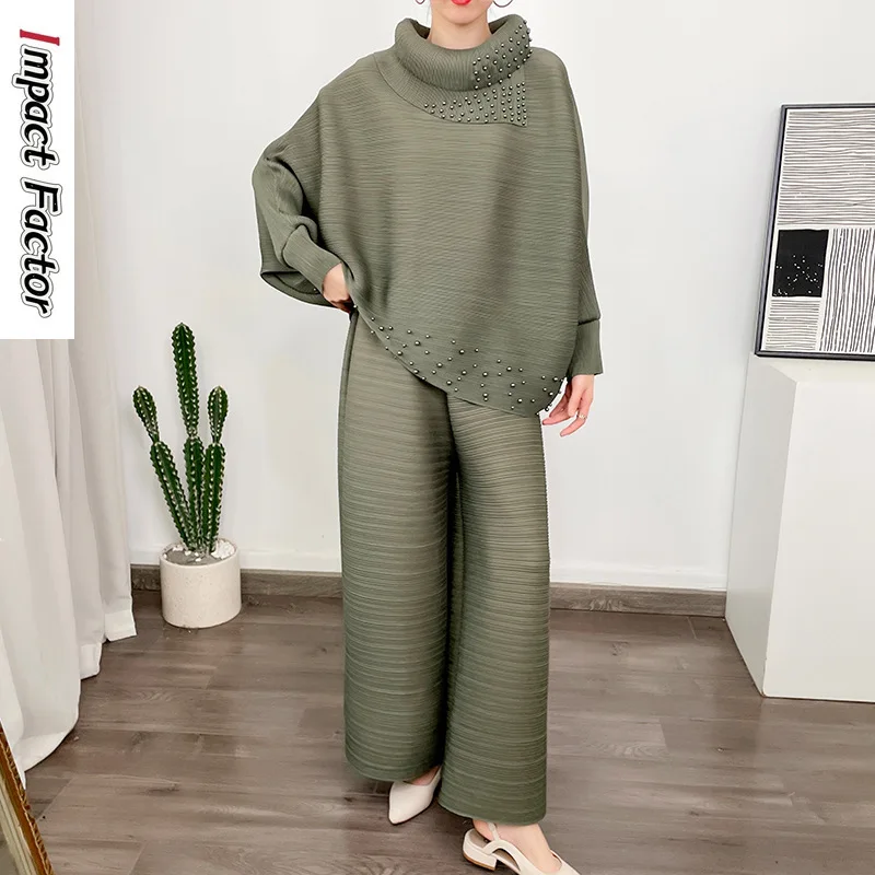 Lily Pleated Set 2024 Spring/Summer New Beaded Polo Collar Long Sleeve Top+Wide Leg Pants Two Piece Set for Westernized Women