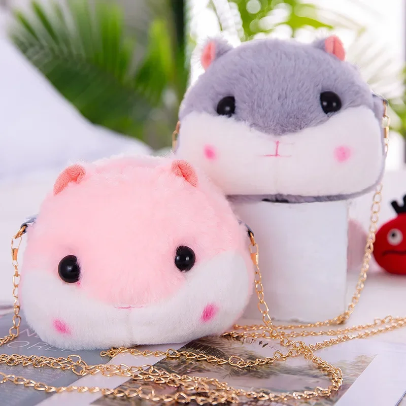 Bonito dos desenhos animados hamster bolsas de pelúcia crianças ombro crossbody saco feminino corrente diagonal saco boneca de pelúcia menina pele do falso telefone bolsa
