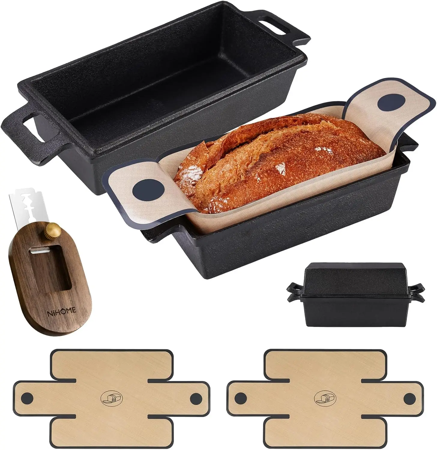 

Cast Iron Bread Pan Set with Lid, 2 Pans + 2 Mats + Lame for Even Baking, Crisp Crust, Dishwasher-Safe