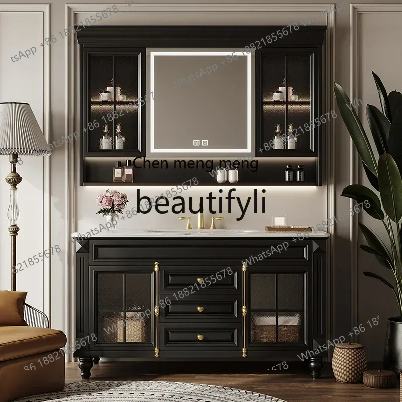 

ss8350 American oak bathroom cabinet combination French retro bathroom rock slab integrated washstand