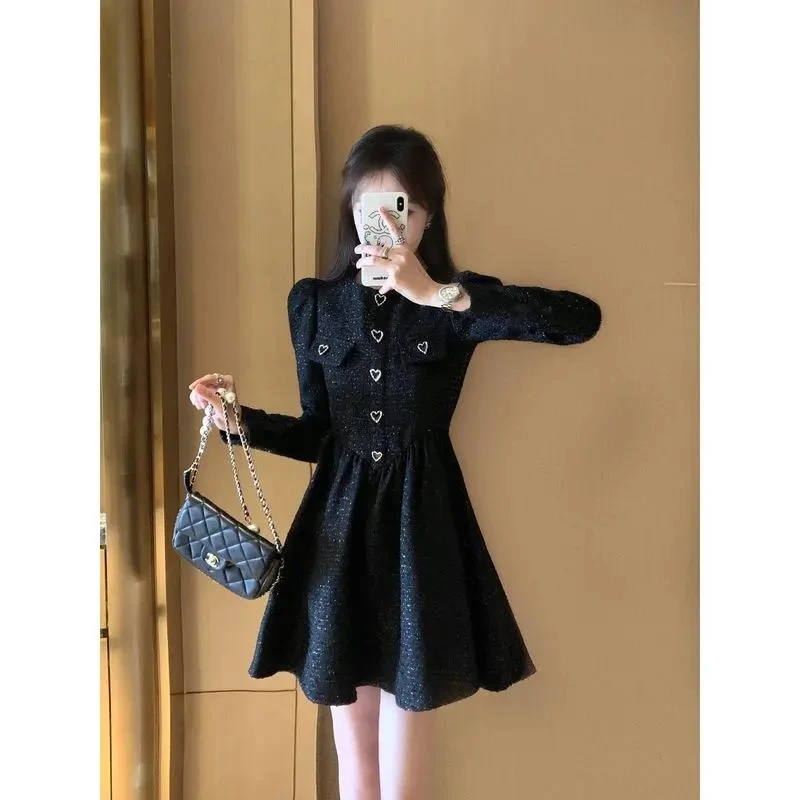 

2023 New Women's Autumn Waist Wrapped Black Long Sleeve Fragrant Dress Feminina Vestidos