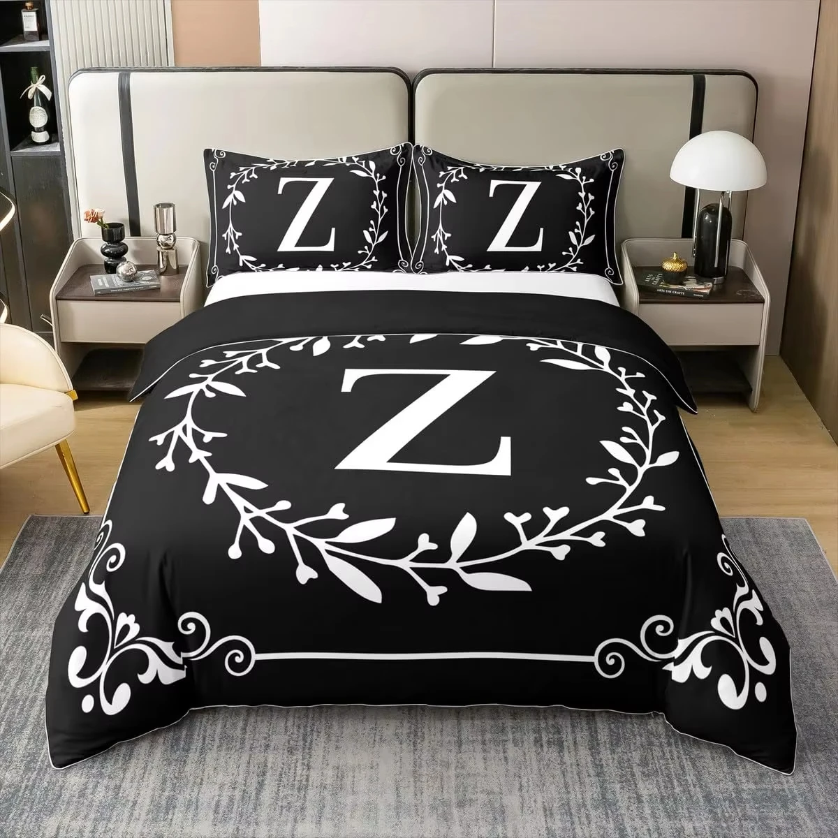 Initial Letter Z Twin Queen Duvet Cover Black And White Bedding Set Boho Floral Leaves Comforter Cover Gifts For Adult Girls