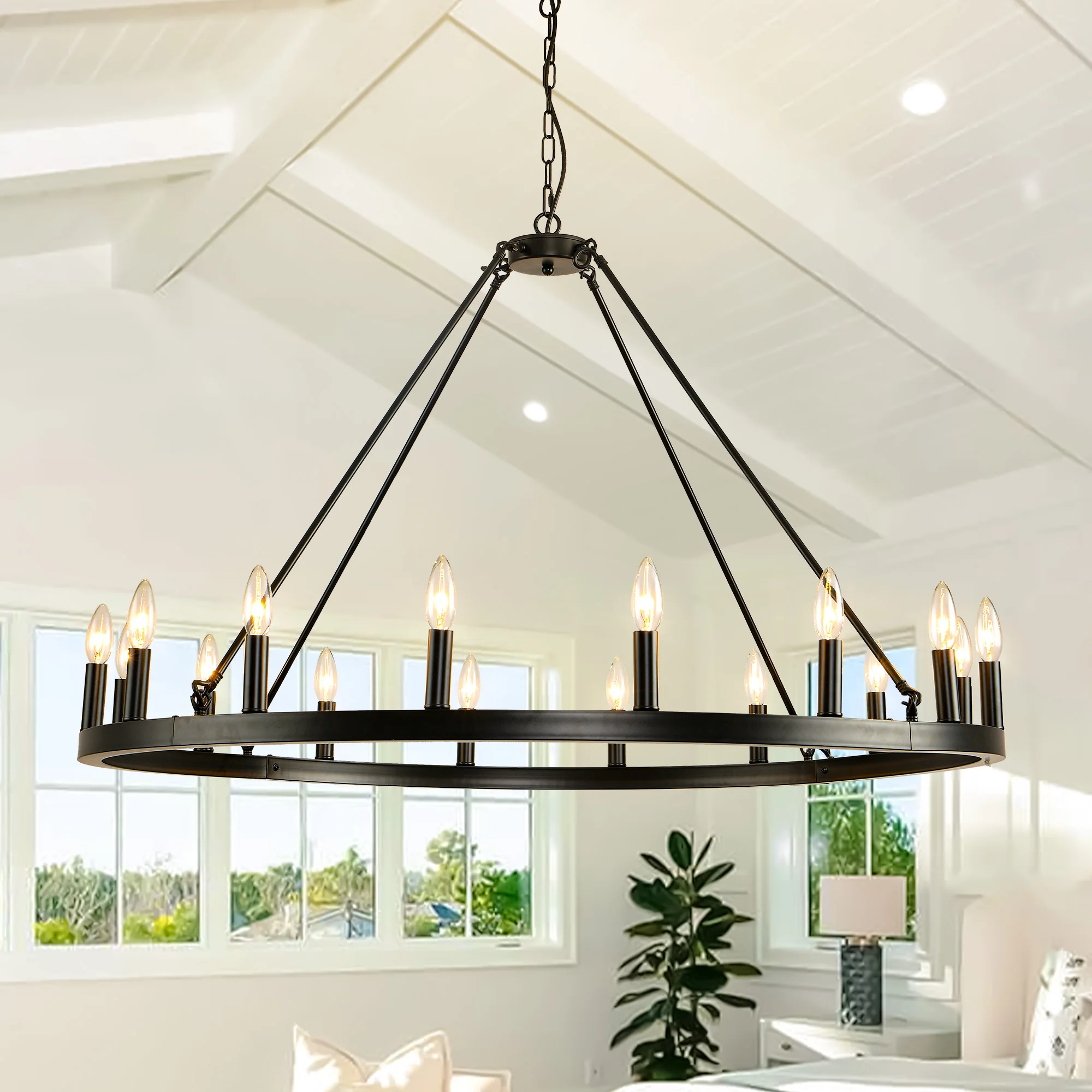 16-Light Wagon Wheel Chandelier Round Matte 43 inch Modern Rustic Farmhouse Pendant Light Large Chandeliers for Living Room