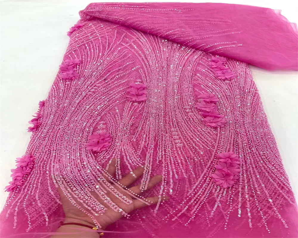 

Luxury Pink High Quality Handmade Beads Tulle Lace African Lace 2024 Embroidered Nigerian Lace For Wedding Dress