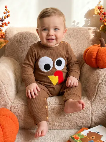 Yuvarlak Yaka Nakışlı Uzun Erkek Bebek Tulumu - Şükran Günü Erkek Bebek Tulumu Yüksek Kaliteli Erkek Bebek Şükran Günü Tulumu