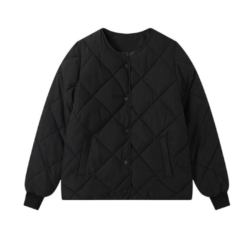 Short Women's Round Neck Light Cotton Clothes 2024 Collarless Rhombus Cotton Clothes Autumn and Winter Warm Jacket