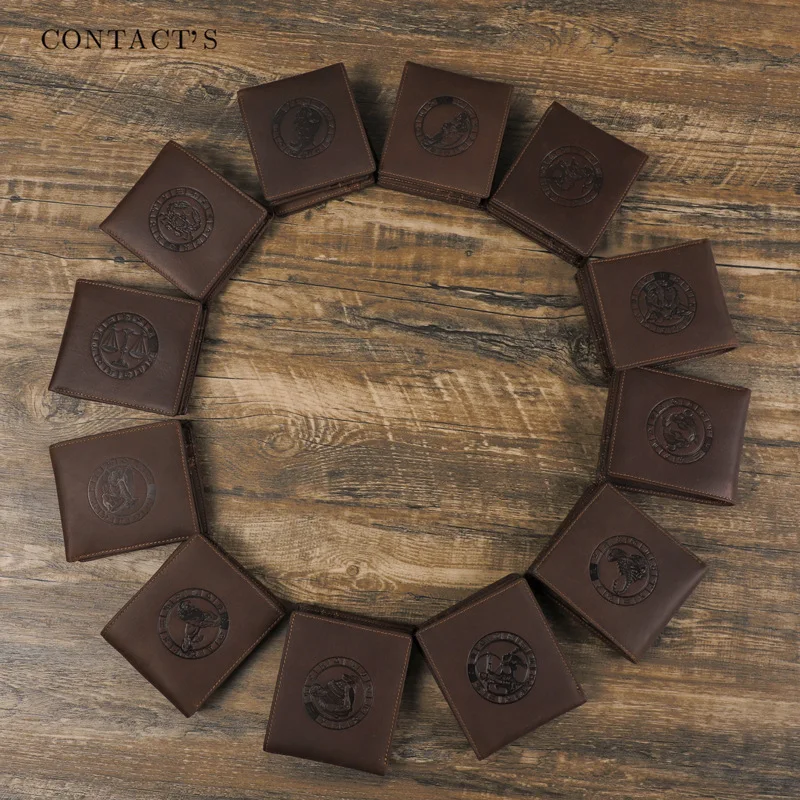 British Style Crazy Horse Anti Theft Brush 12 Constellation Chart  Horizontal Men's Leather Wallet Coin Purse Holder Men Wallets