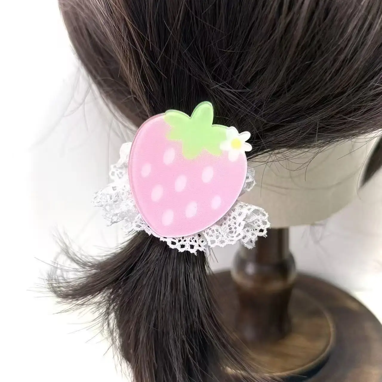 Süße rosa Frühlings-Erdbeer-Fischkuchen-Haarspange, Haar-Accessoires, Mädchen-Kopfschmuck, koreanische Soft-Girl-Süße japanische Spitzen-Haarband-Geschenk – Detail 2