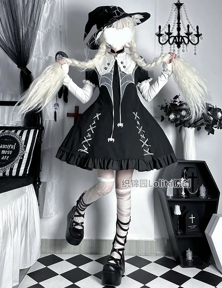 New Original Design Japanese Gothic Black Dress Cross Holloween Punk Lolita Kawaii Mini Ball Gown Dress For Women