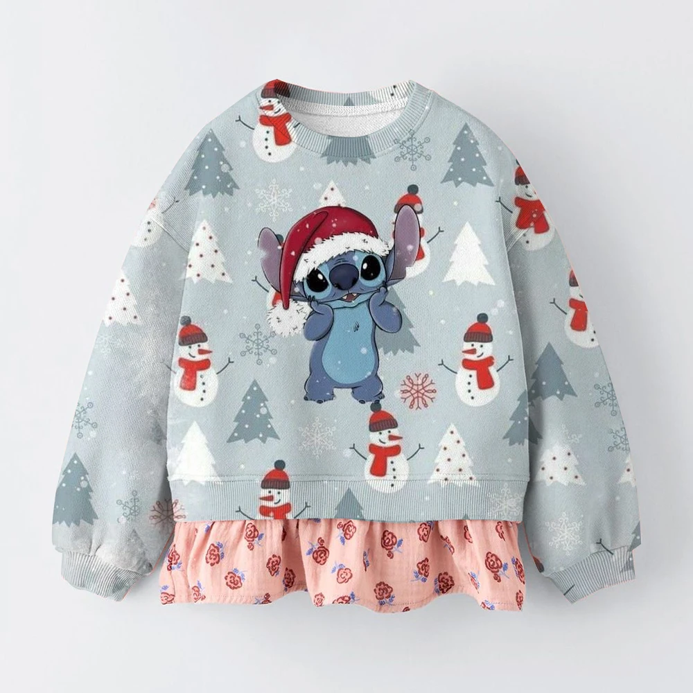 

Christmas Lilo&Stitch sweatshirt cute and fashionable round neck top for girls to wear in autumn, long sleeved top for children,
