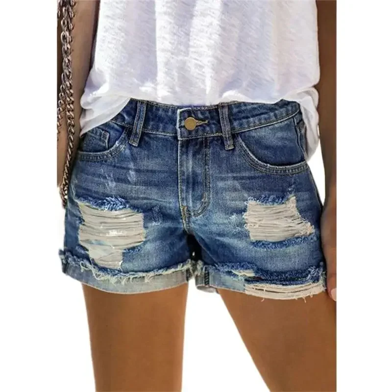 

Fashion Broken Holes Patchwork Fabrics Denim Shorts Women Trend Streetwear Female Casual Folded Trouser Legs Three Quarter Pants