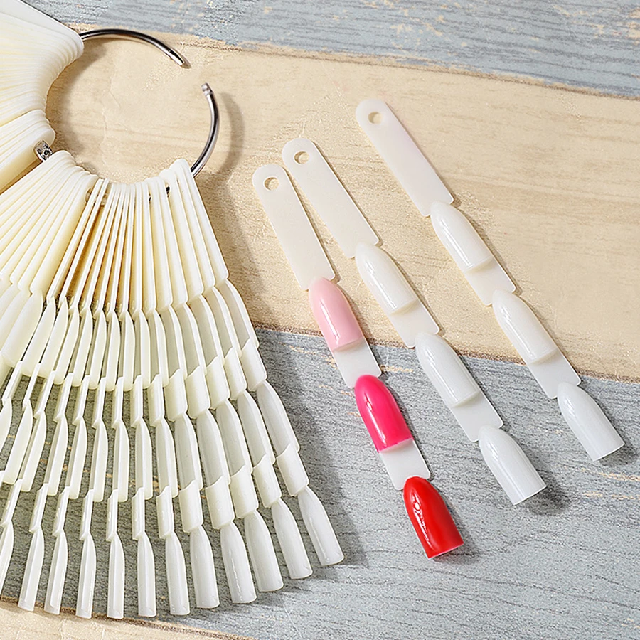 150pcs Nail Art Fan Shape Display Natural Chart Gel Polish Coloring Sample Practice Training False Nail With Removable Ring