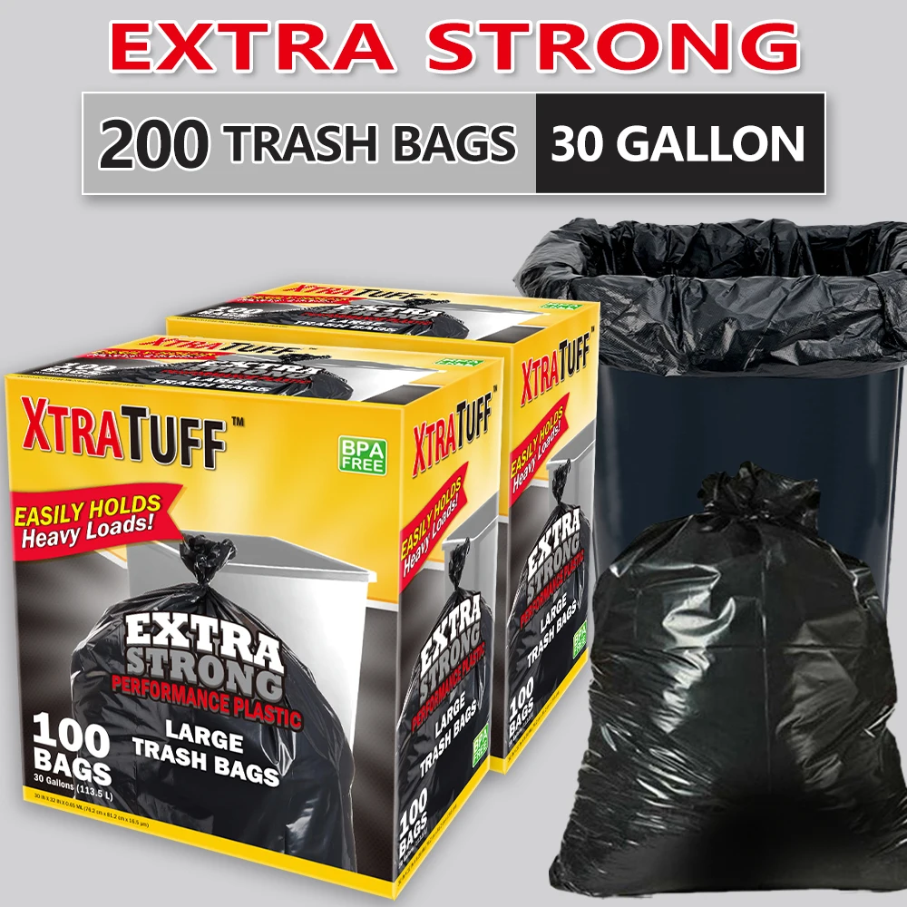 Xtratuff Trash Bags 30 Gallon Black Large Trash Bag Garbage Bags Heavy Duty 200 Count BPA FREE Strong Rubbish Bag