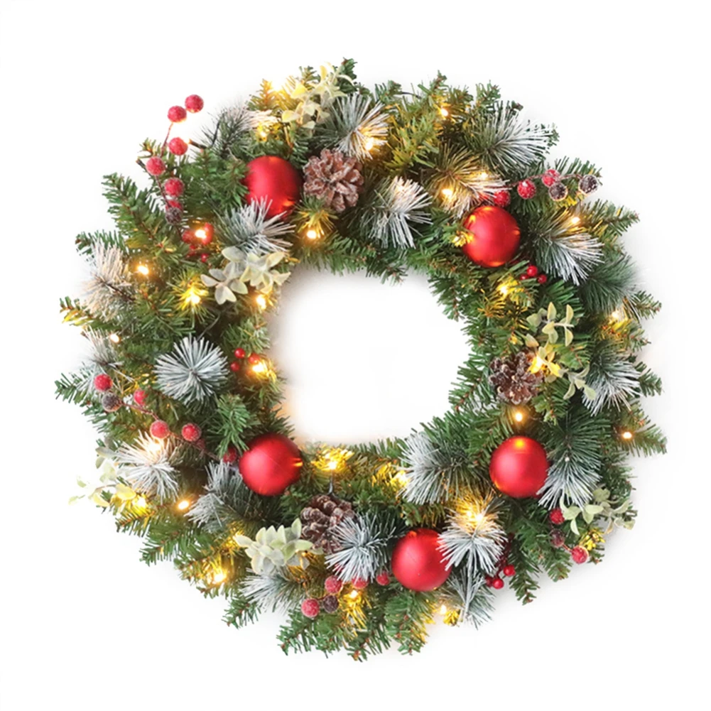 Artificial LED Christmas Wreath Front Door Christmas Wreath With Lights Red Berry Xmas Decoration For Window Wall Decors 40cm